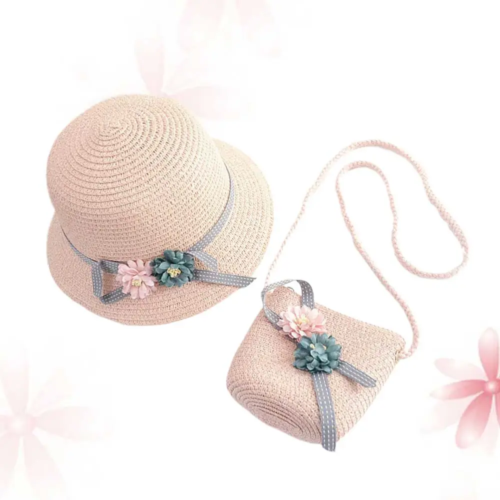 1 Set of Kids Beach Kit Adorable Straw Hat Crossbody Bag for Little Girls (Pink)