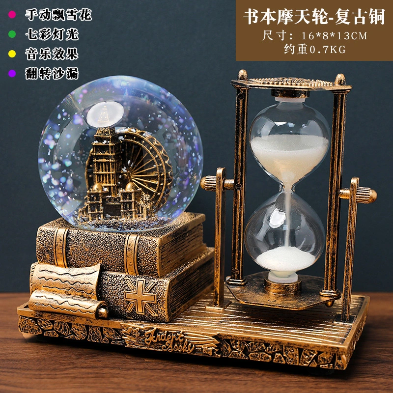 Vintage Desktop Decoration Resin Craft Music Crystal Ball With Sand Clock Table Centerpiece