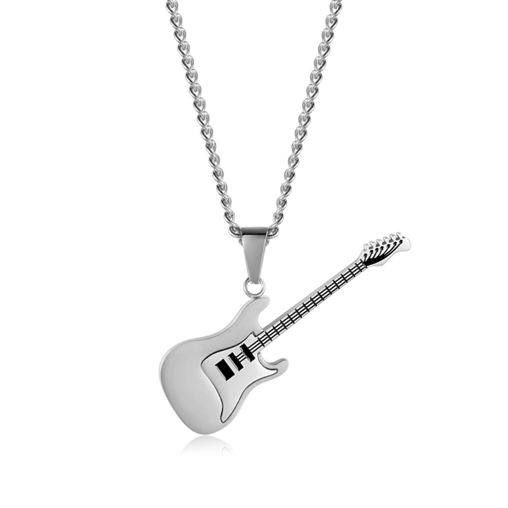 Musical Jewelry Titanium Steel Electric Guitar Pendant Necklace Statement Jewelry (Silver)