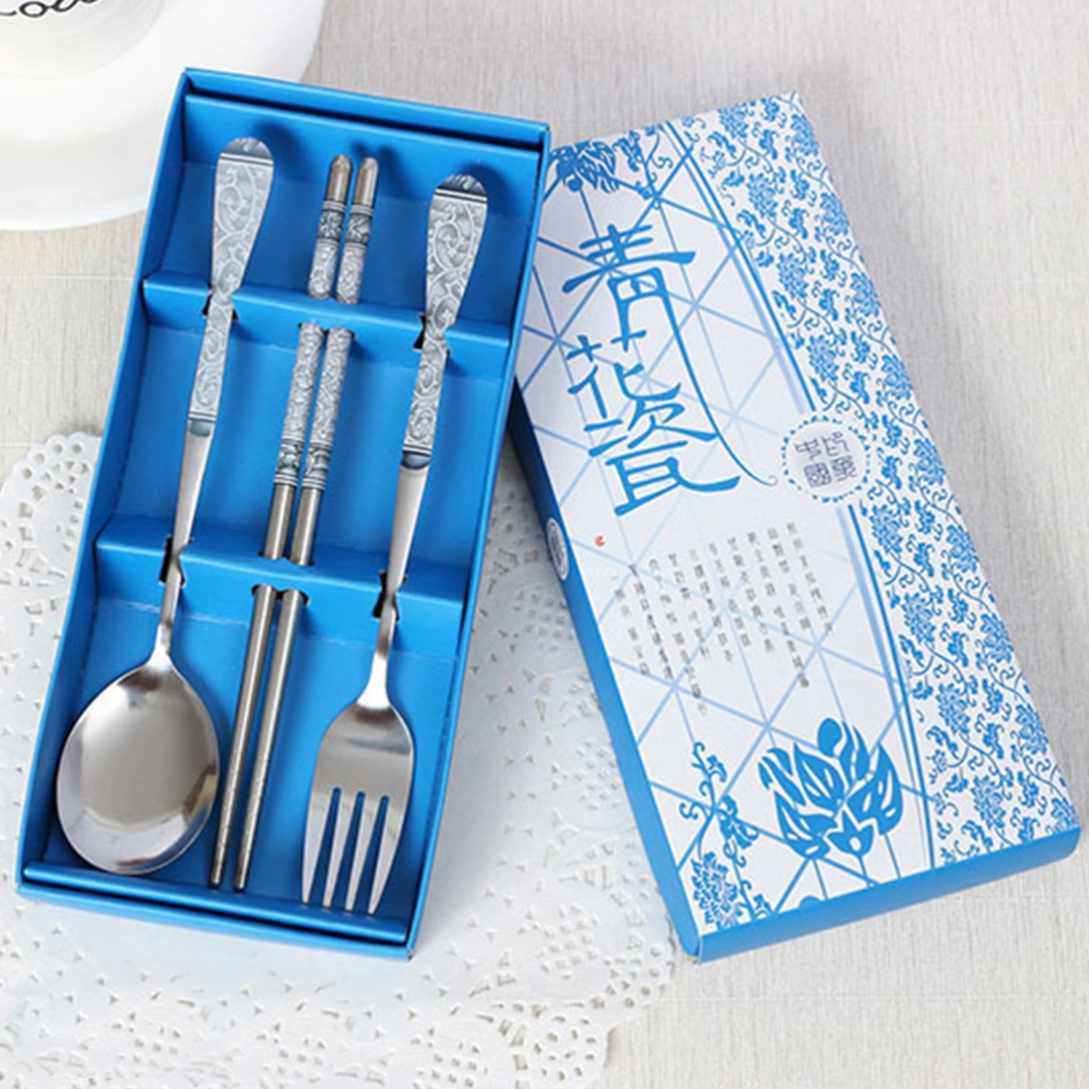 3PCS Stainless Steel Chopsticks Fork Cutlery Set Outdoor Portable Server Set of Chopstick Spoon Fork (Blue Blue and White Porcelain)