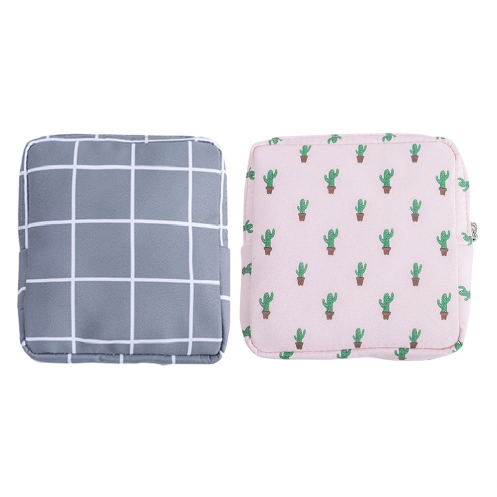 2 Pcs Portable Sanitary Towel Storage Bag Coin Storage Pouch Zippered Type Wallet Large Capacity Purse for Outdoor Travel Office -Cactus and Grey Plaids