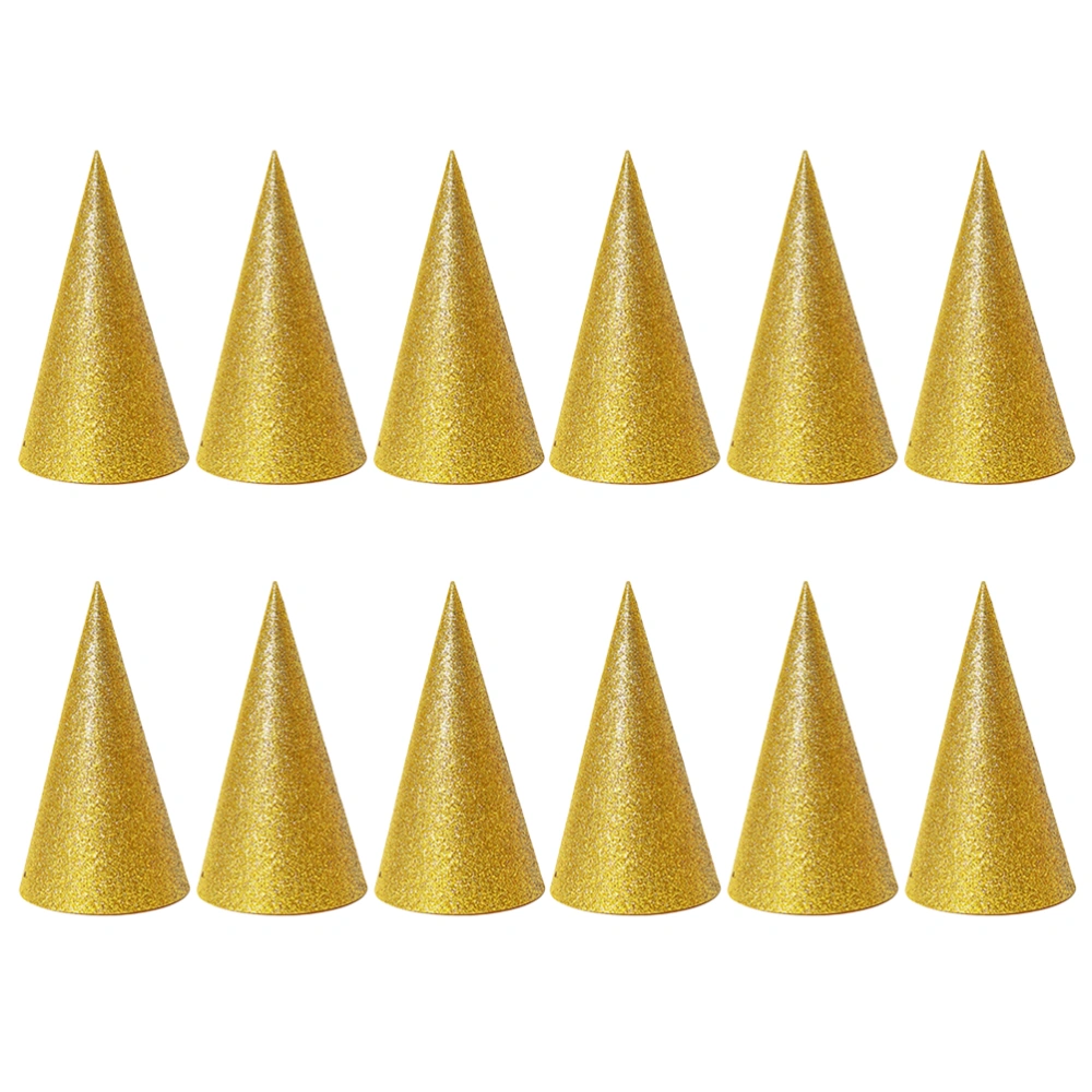 12PCS Glitter Cone Party Hats Triangle Birthday Hats for Kids and Adults Party Decorations (Golden)