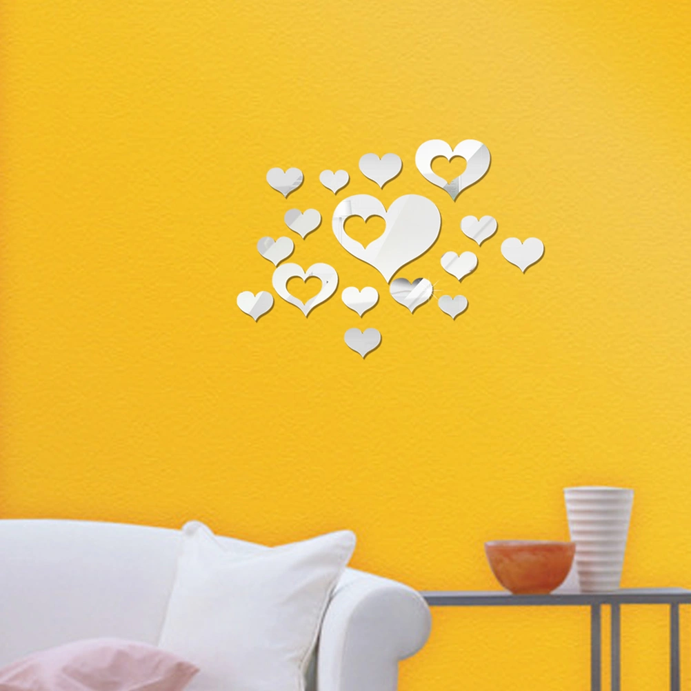 Removable Mirror Surface 3D Love Heart Wall Stickers Art Wall Mural Window Glass Decals For Bedroom Living Room Bathroom Home Decor (Silver)