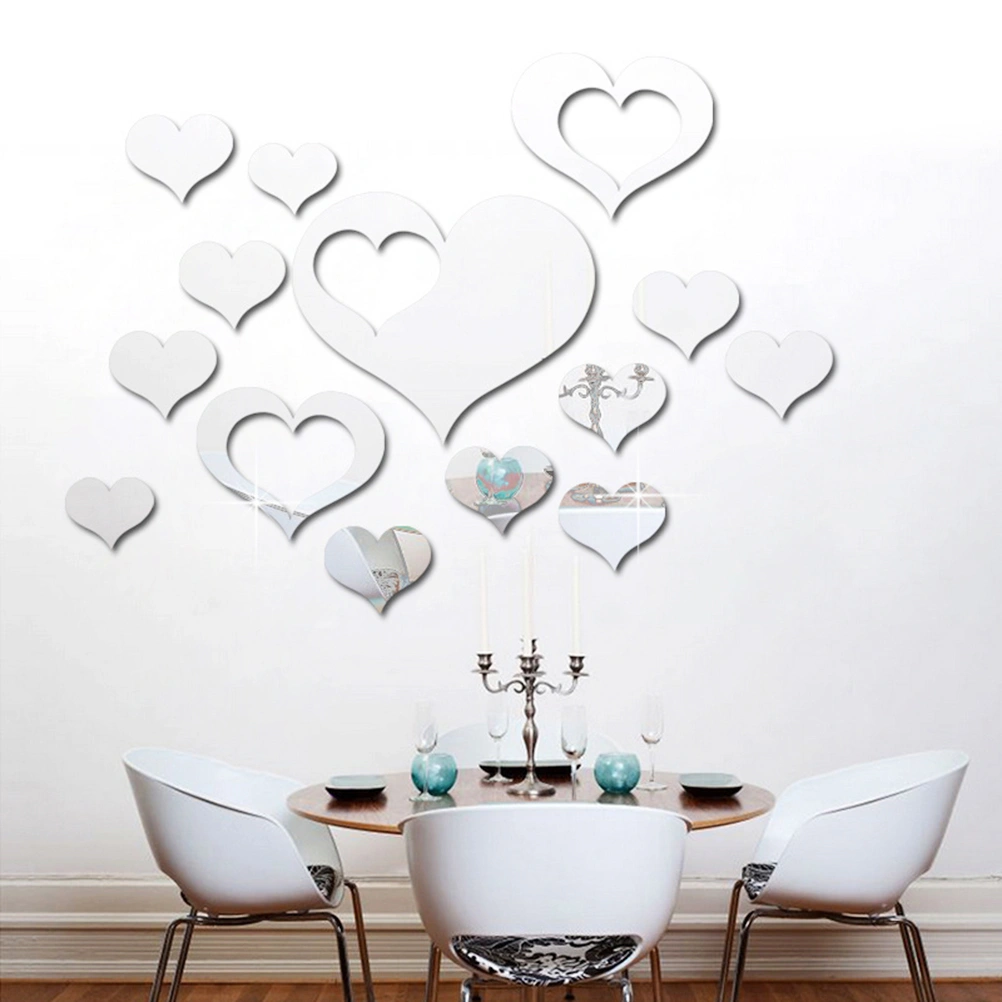 Removable Mirror Surface 3D Love Heart Wall Stickers Art Wall Mural Window Glass Decals For Bedroom Living Room Bathroom Home Decor (Silver)