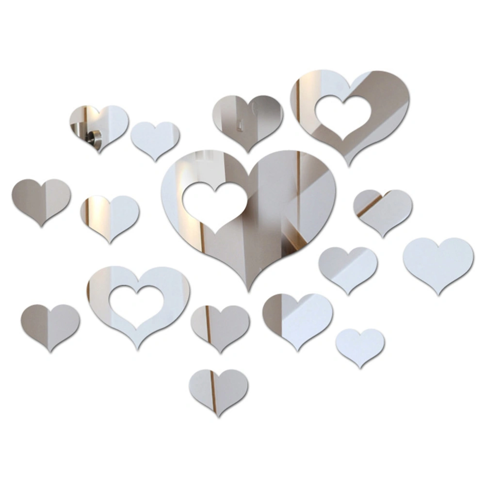 Removable Mirror Surface 3D Love Heart Wall Stickers Art Wall Mural Window Glass Decals For Bedroom Living Room Bathroom Home Decor (Silver)