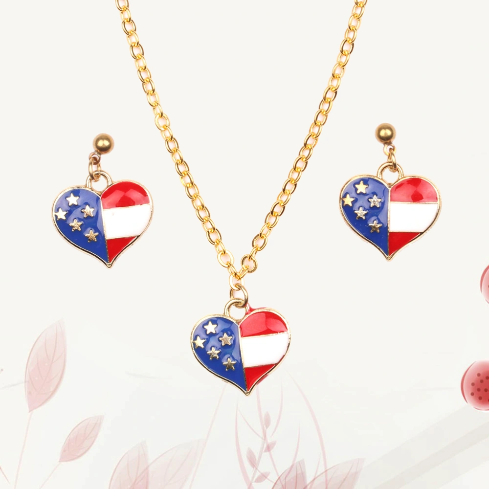 Retro Oil Drip Alloy American Flag Necklace Flag Star Heart Pendant Necklace Earring Jewelry Set Gift for Female Women