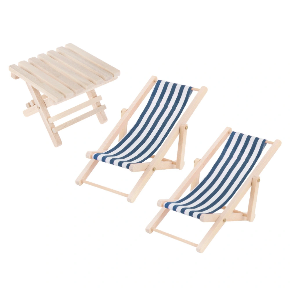 1 Set 1/12 Mini House Miniature Furniture Model Wooden Lounge Chair Beach Chair Set for Kids (Blue 2pcs Lounge Chair and 1pc Foldable Beach Table)