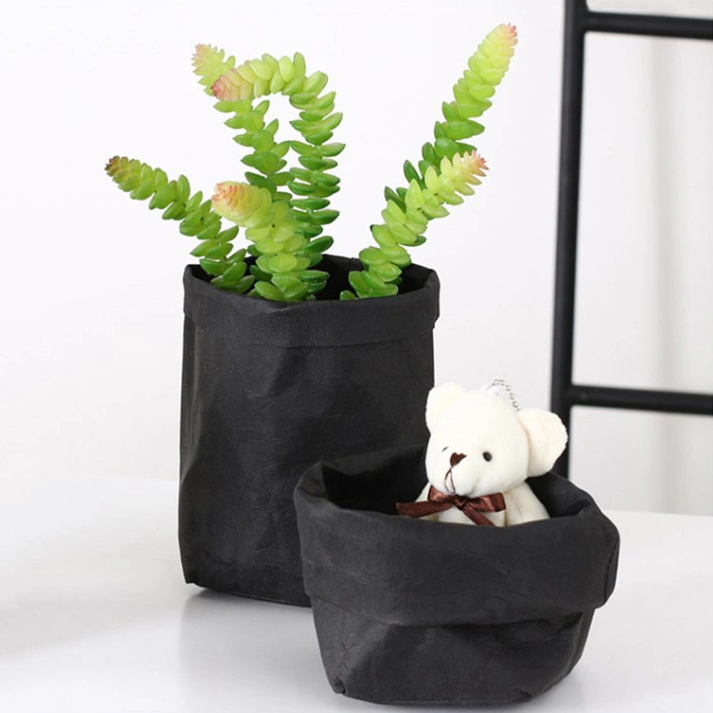 Washable Kraft Paper Container Reusable Paper Bag Organizer Flowerpot Planter Bags Cover for Decoration and Storage - Size M (Black)