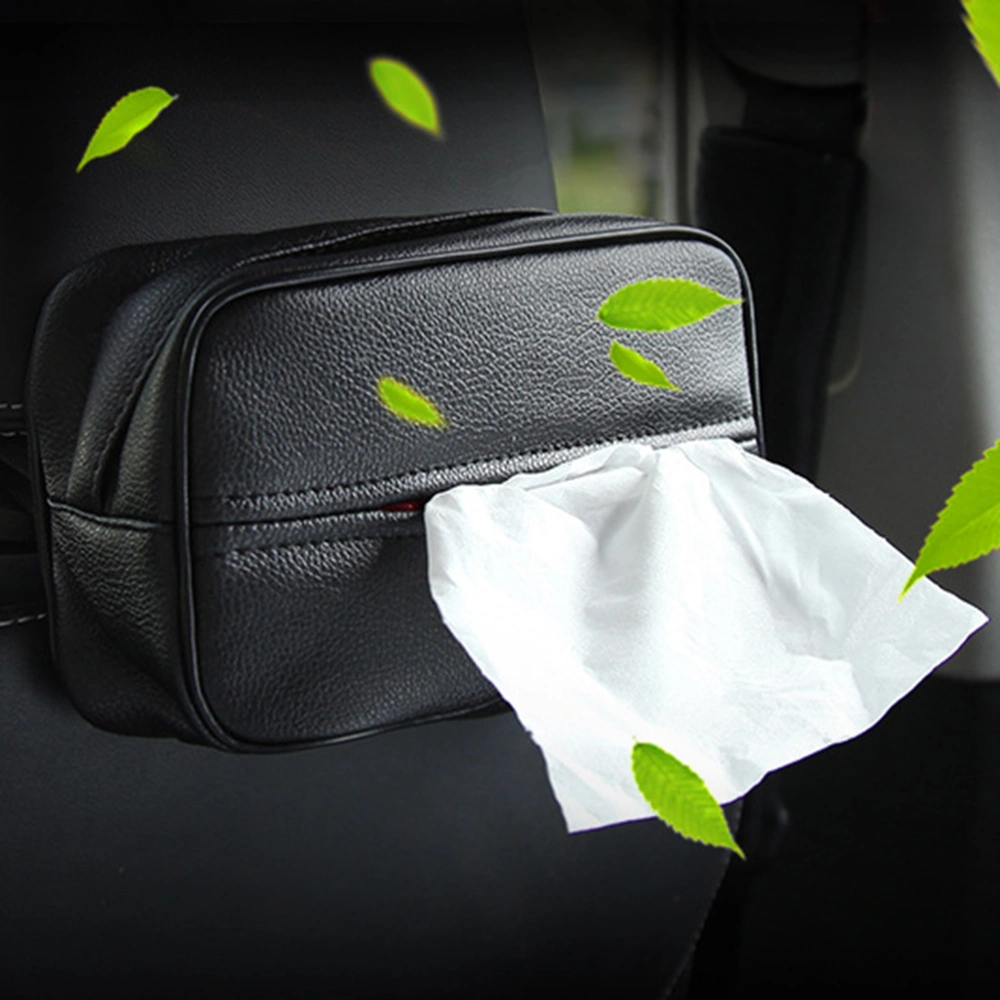 Car Tissue Box PU Leather Home Car Dual Use Multi-Purpose Buckle Seat Back Hanging Tissue Holder Convenient Space Saving (Black)