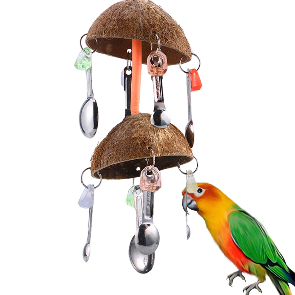 Coconut Shell Parrot Chewing Hanging Spoon Bird Toy Cage Accessories Flexible Bite String Pendant for Parrots