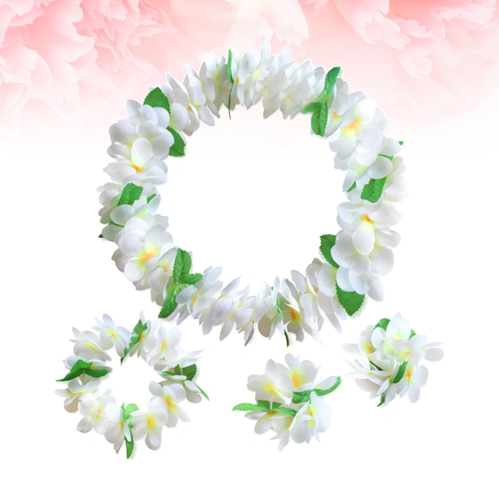 4 Pcs Hawaiian Garland Thicken Artificial Flower Headband Necklace Bracelet Tropical Beach Party Fancy Dress (White and Green)