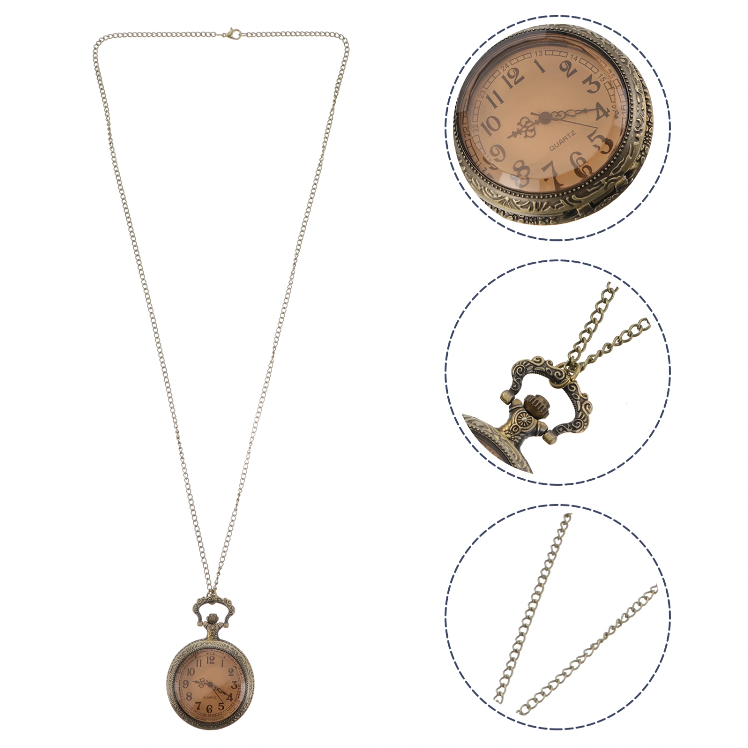 Bronze Glass Cover Pocket Watch Vintage Mechanical Quartz Watch with Chain
