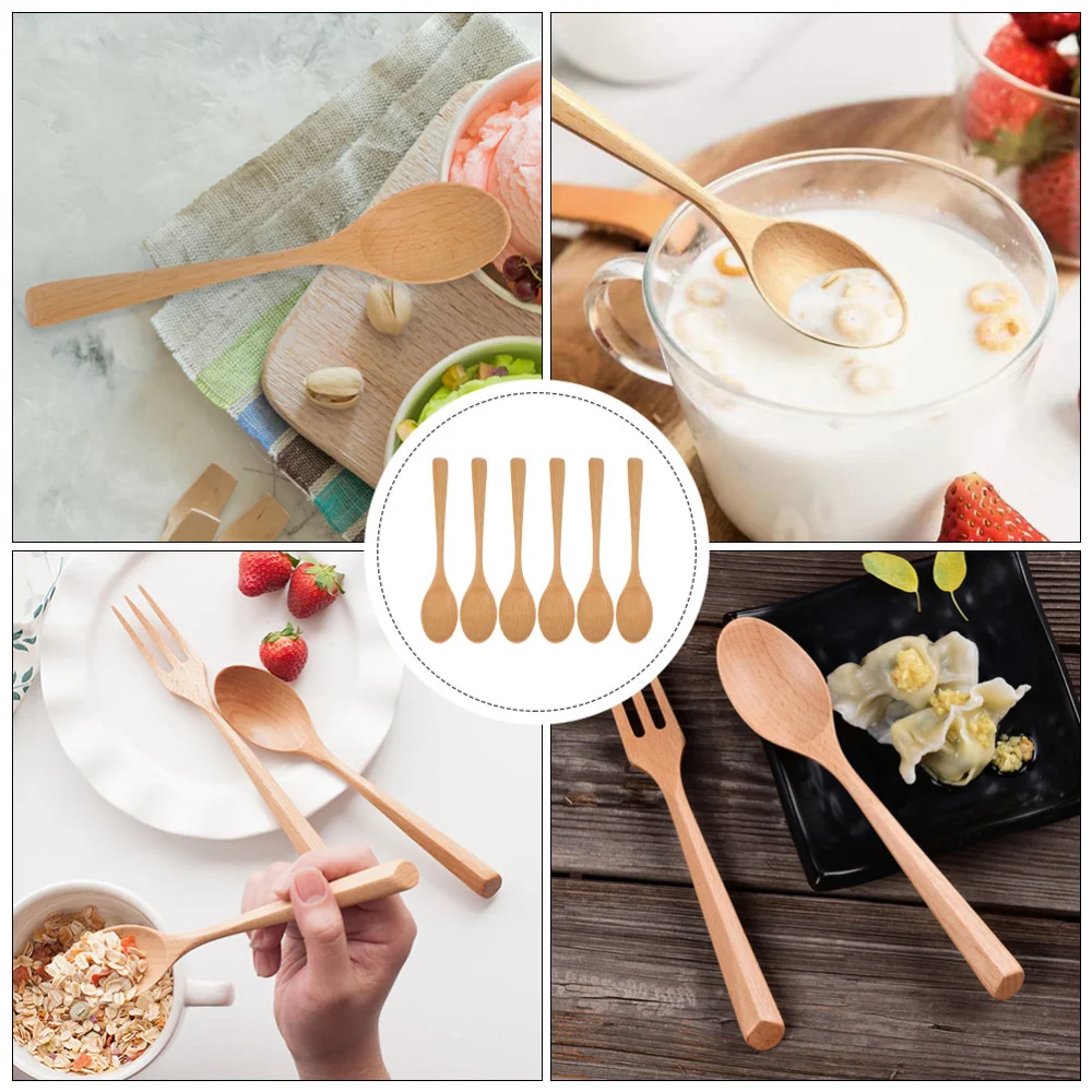 6pcs Wooden Spoons Table Cutlery Soup Scoops Rice Scoops Home Dining Flatware