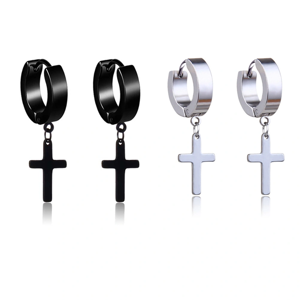 4Pcs Punk Style Earrings Fashion Ear Clip Cross Shape Ear Pendant Titanium Steel Hip Hop Ear Stud Black