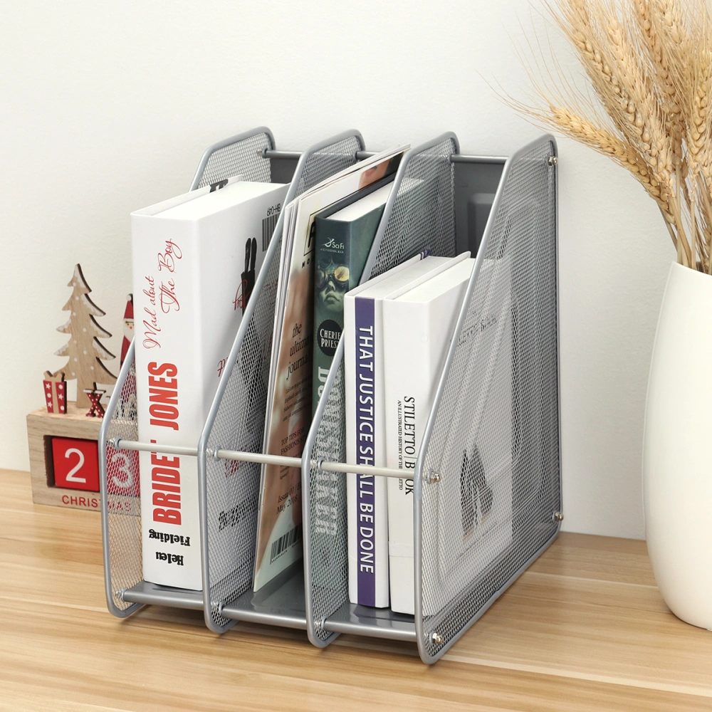 Mesh Metal 3 Compartment Freestanding Desktop Documents / Magazines / Notebooks / Folder Organizer Rack (Silver and Gray)