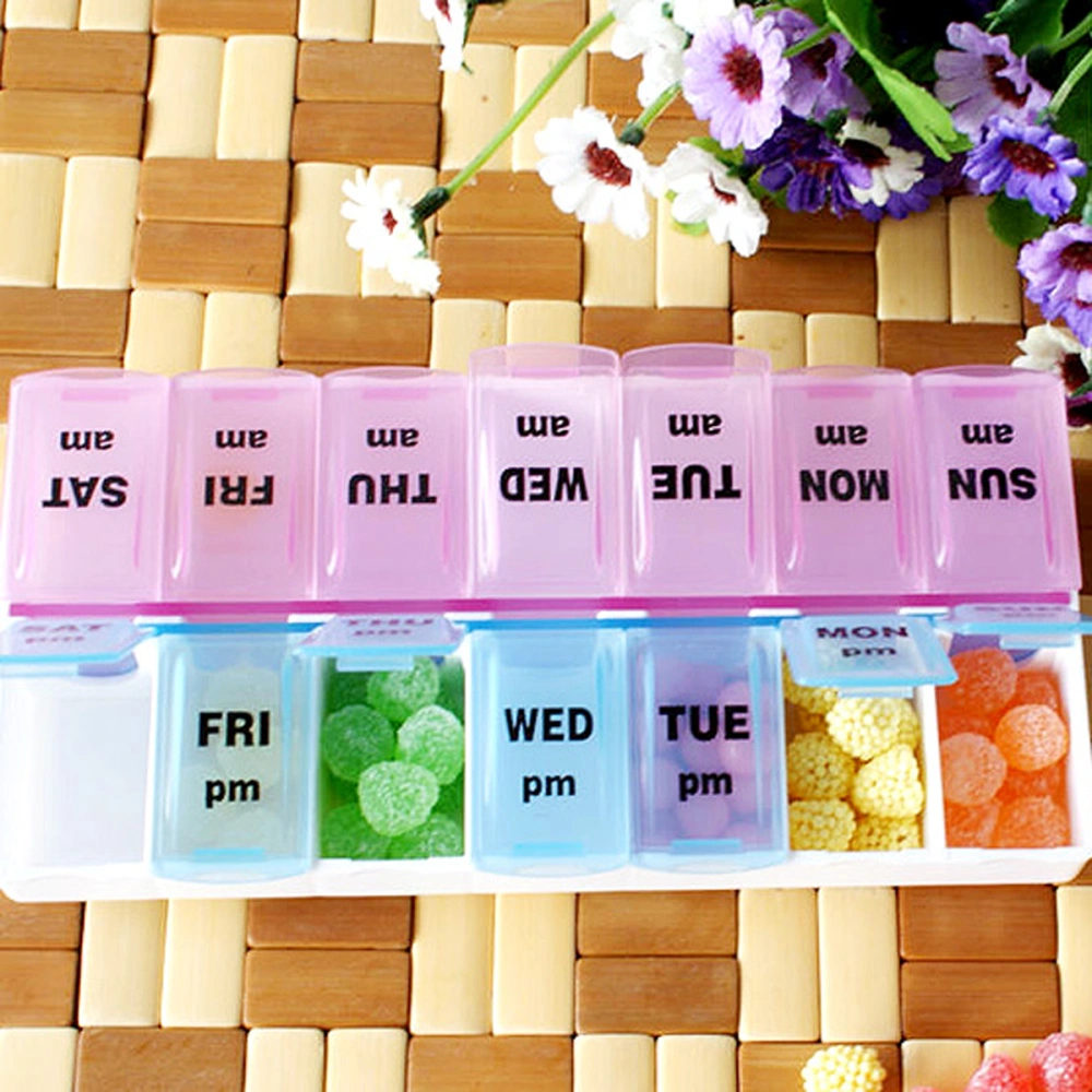 Novelty 7 Day 14-Cell Tablet Pill Box AM/PM Medicine Storage Case Holder Organizer with Clip Lids (Purple+Blue)