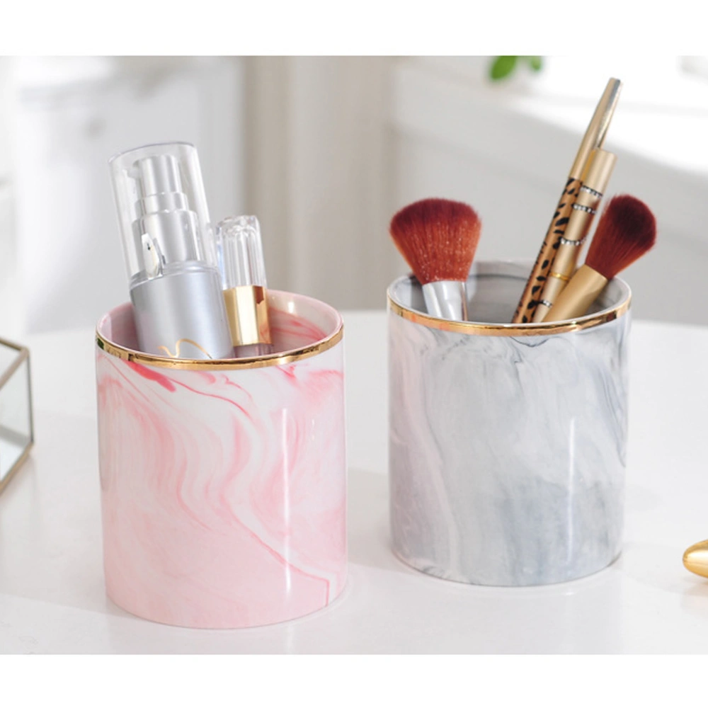 European Style Pen Holder Desktop Marbled Ceramic Pen Pencil Ruler Holder Writing Desk Stationery Organizer Makeup Brush Storage Container (Golden and Grey)