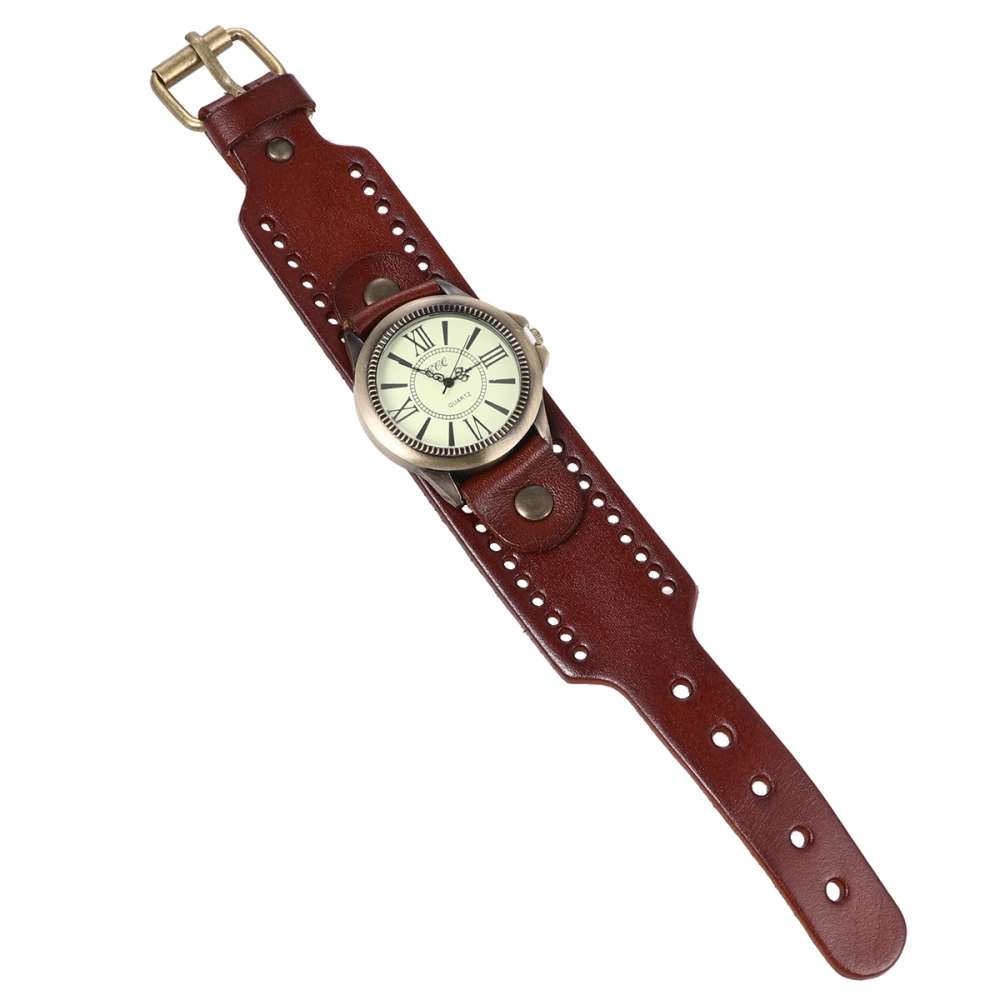 1PC Genuine Cowhide Watch Vintage Roman Literal Wristwatch Stylish Casual Watch Decor Creative Quartz Wrist Watch for Woman Lady Wearing (Light Coffee)