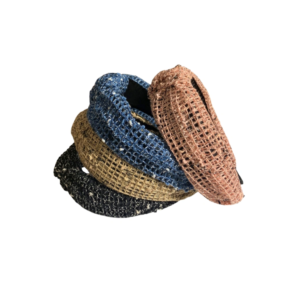 4Pcs Vintage Knitted Hair Hoops Knotted Hair Band Wide-Edge Headband Solid Color Headwrap (Blue, Khaki, Black, Pink)