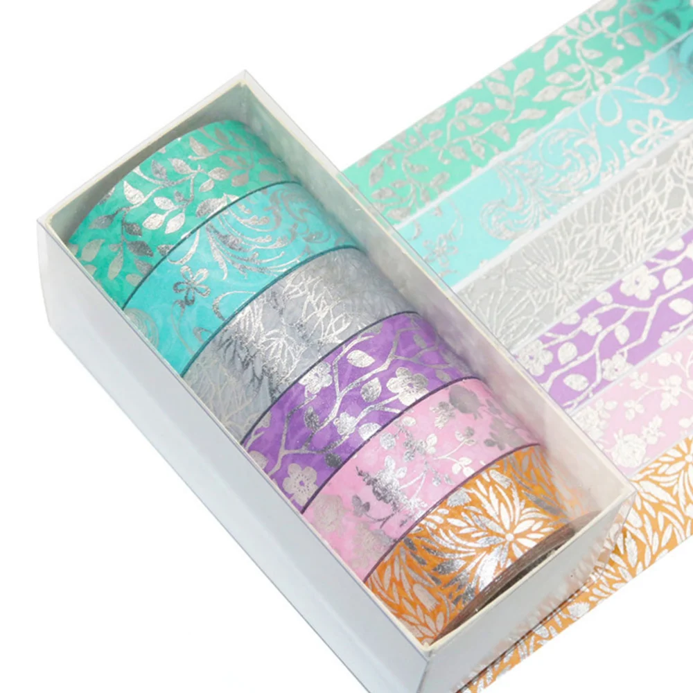 6 Rolls Silver Flower Washi Packaging Tape Decorative Sticky Paper Tape Masking Tape for Scrapbook DIY Diary Gift Wrapping