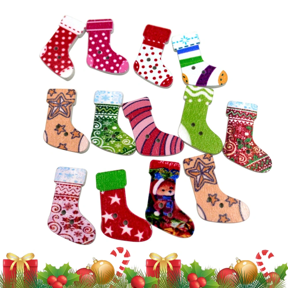 100 Pcs Christmas 2 Holes Button Socks Creative Colorful Wooden Button Stockings for Sewing Crafting (Mixed)