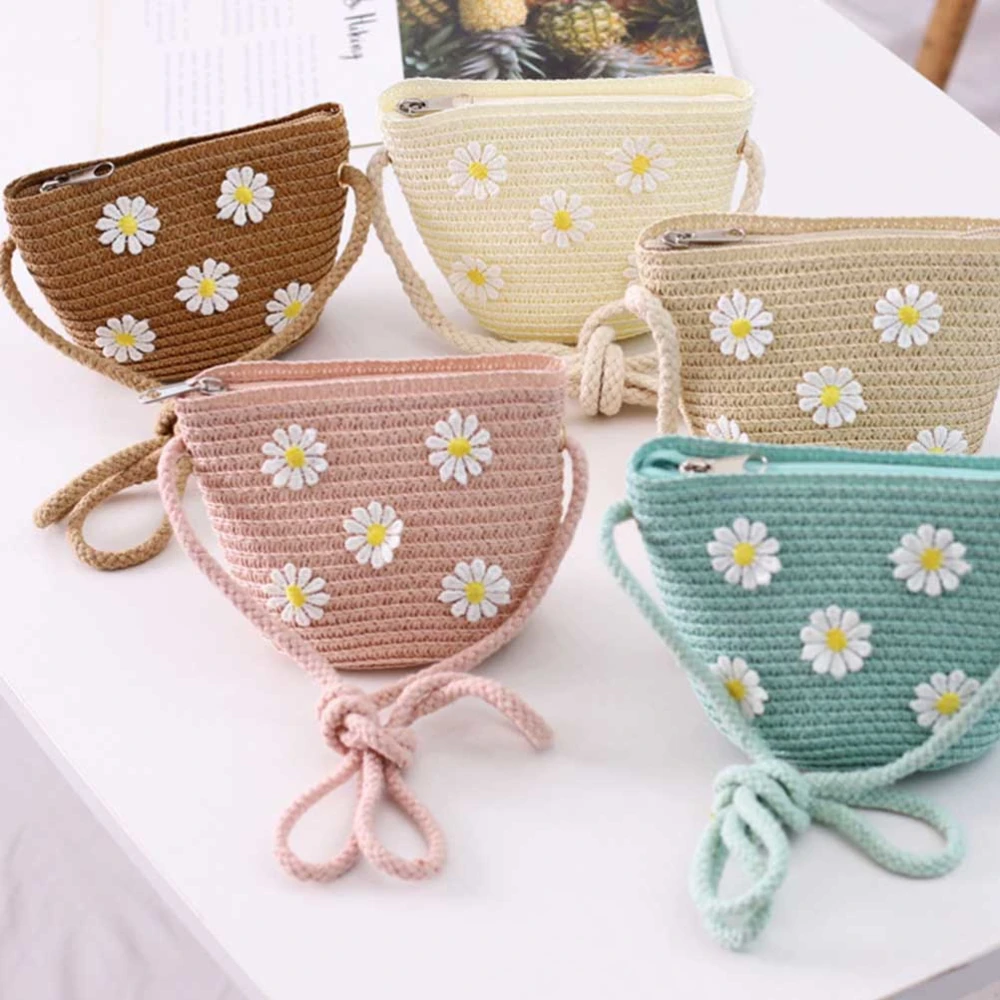 2Pcs Fashion Bag Children Daisy Sun Hat Girls Summer Beach Hat Wave Straw Hat Topee Children Hat and Bag for Girls (Khaki)