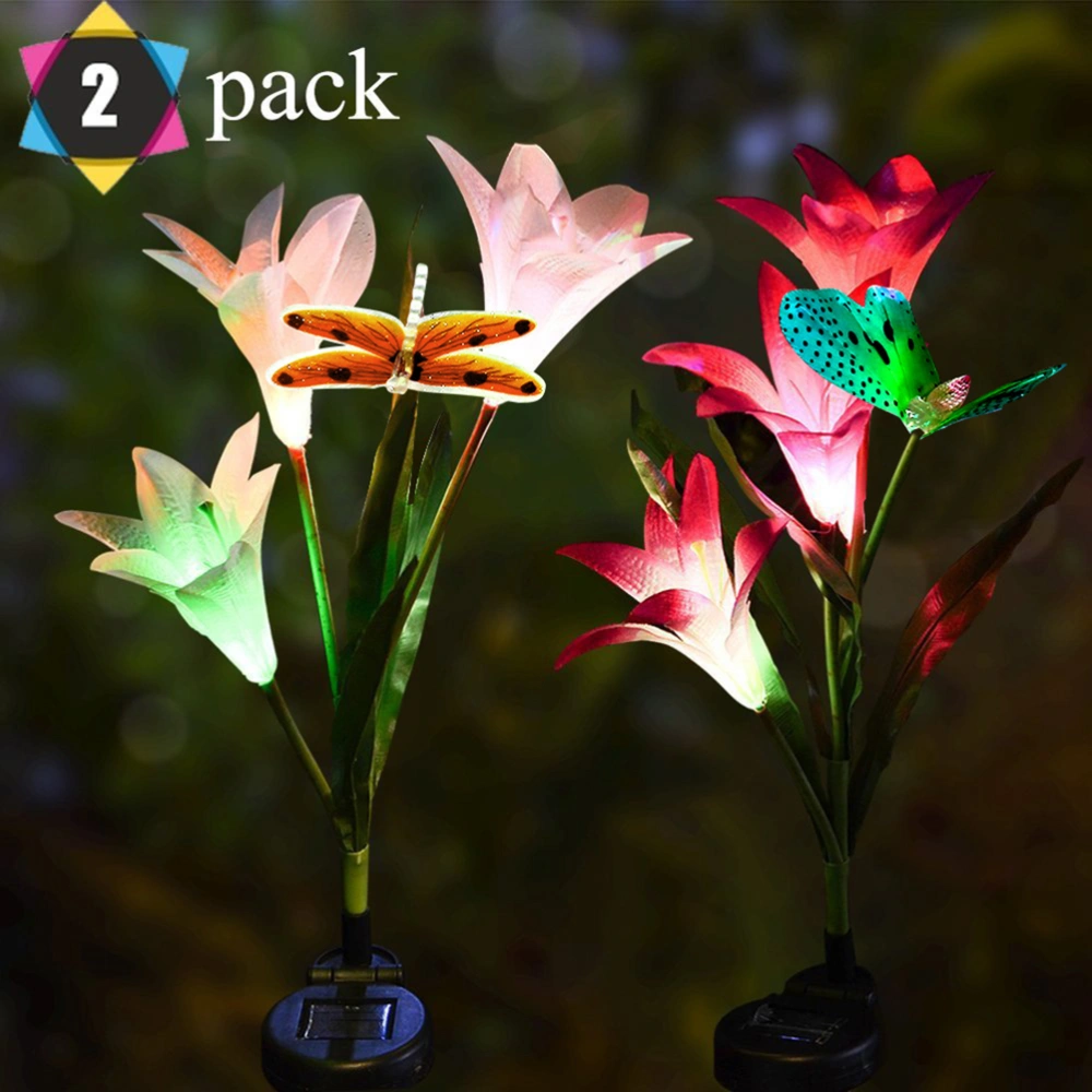 2pcs LED Solar Lilies Lights Colorful Flower Lawn Garden Lights for Lawn Pathway Yard Driveway Patio Walkway Pool Area (Butterfly + Dragonfly)