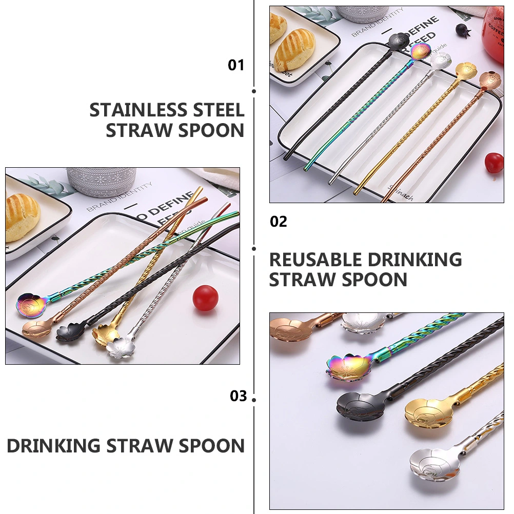 4pcs Stainless Steel Beverage Drinking Straw Spoons Reusable Drinking Straws