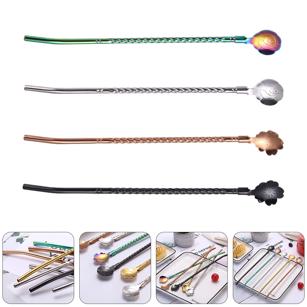 4pcs Stainless Steel Beverage Drinking Straw Spoons Reusable Drinking Straws