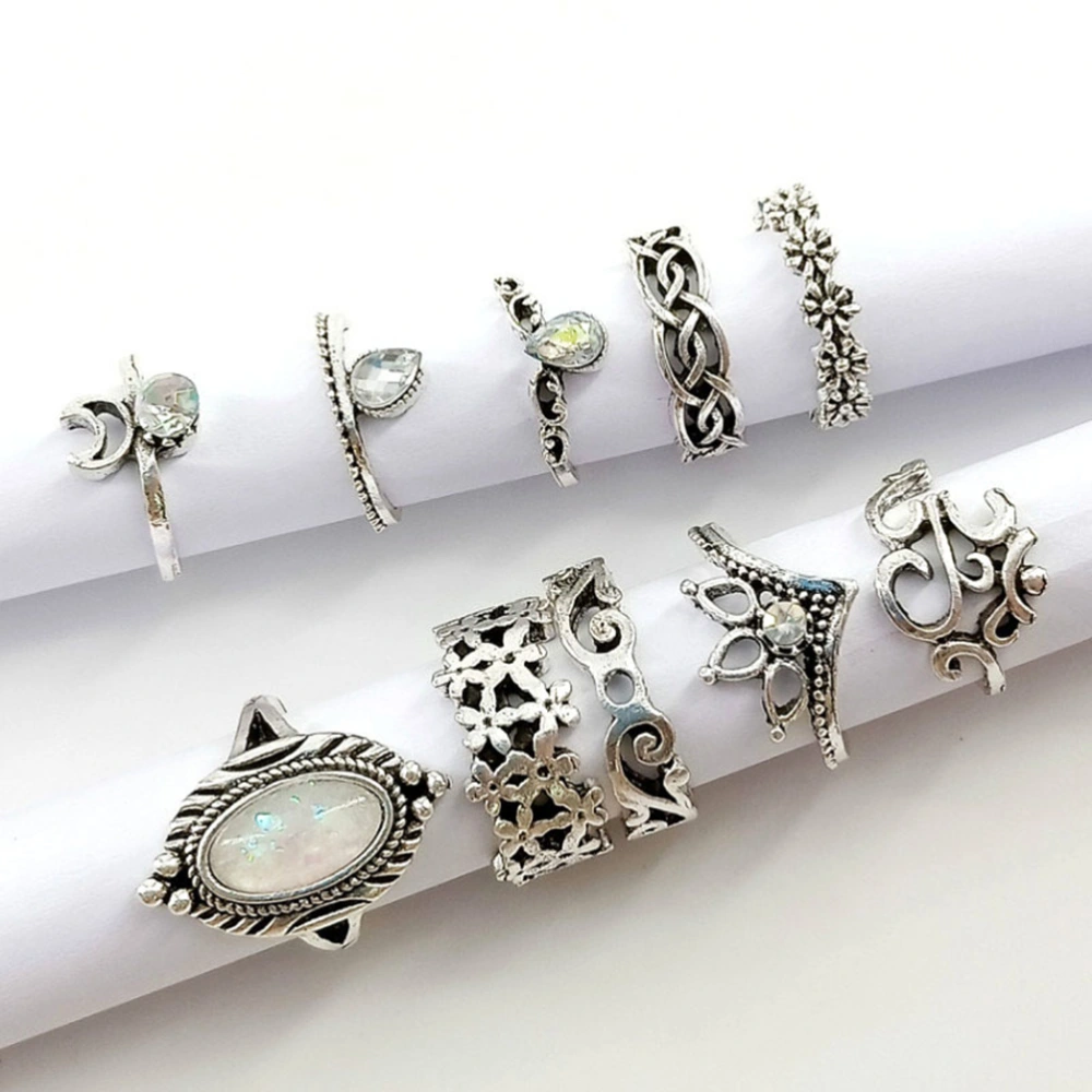 10pcs Crescent Moon Women Classic Vintage Stack Rings Retro Joint Knuckle Rings Set (Antique Silver)