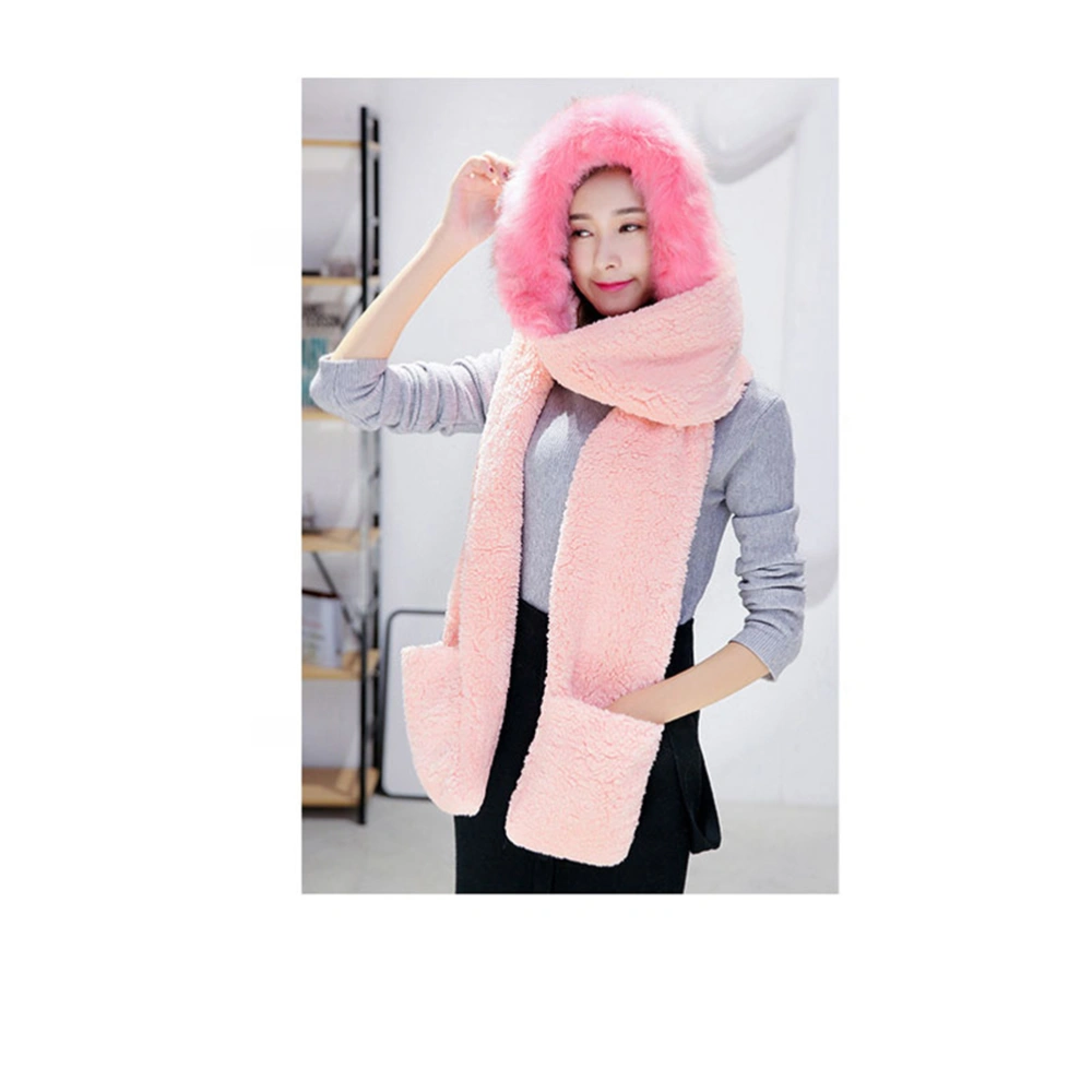 Women Girl Winter Warm Thickened Plush Three-Piece Hat Scarf Gloves (Pink)