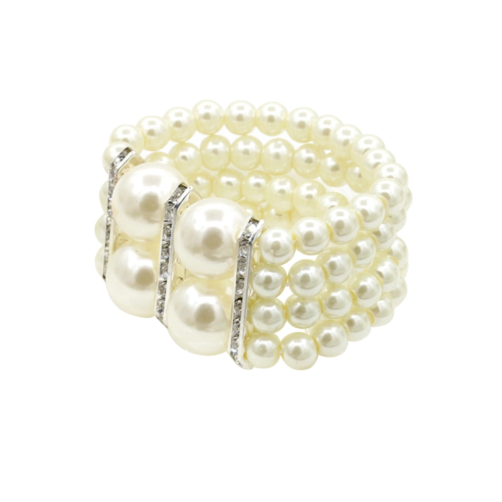 1PC Four Row Pearl Bracelet Rhinestone Inlay Elastic Wristband Bracelet for Women Bride Girls