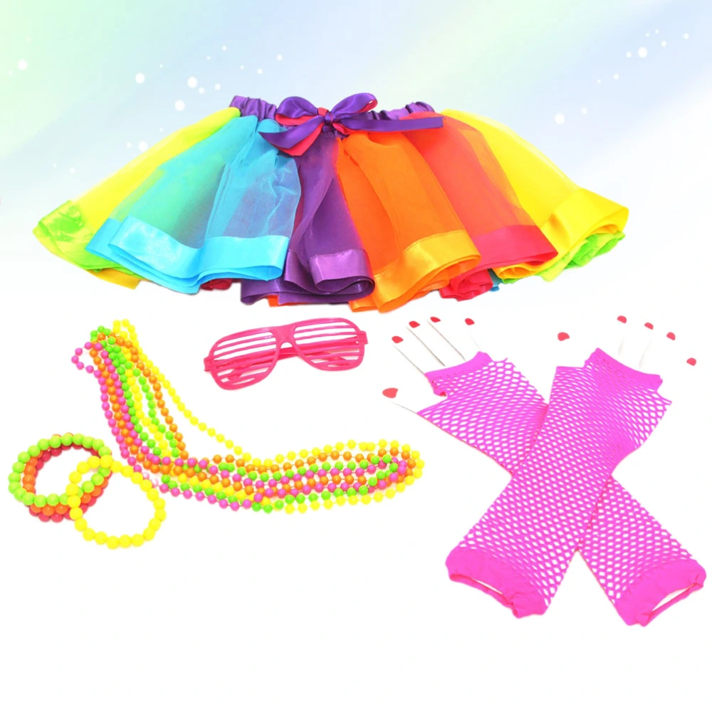 1 Set Rainbow Tutu Suit Party Dance Dress Fishnet Gloves Photography Costume (4pcs Bead Chain + 4pcs Bracelet + Fishnet Gloves + Glasses + Skirt) 