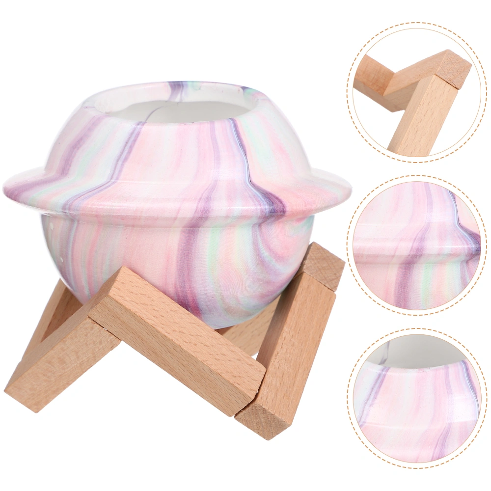 1 Set Ceramic Plant Pot with Wooden Rack Planet Shape Flower Pot Multi-functional Candle Holder