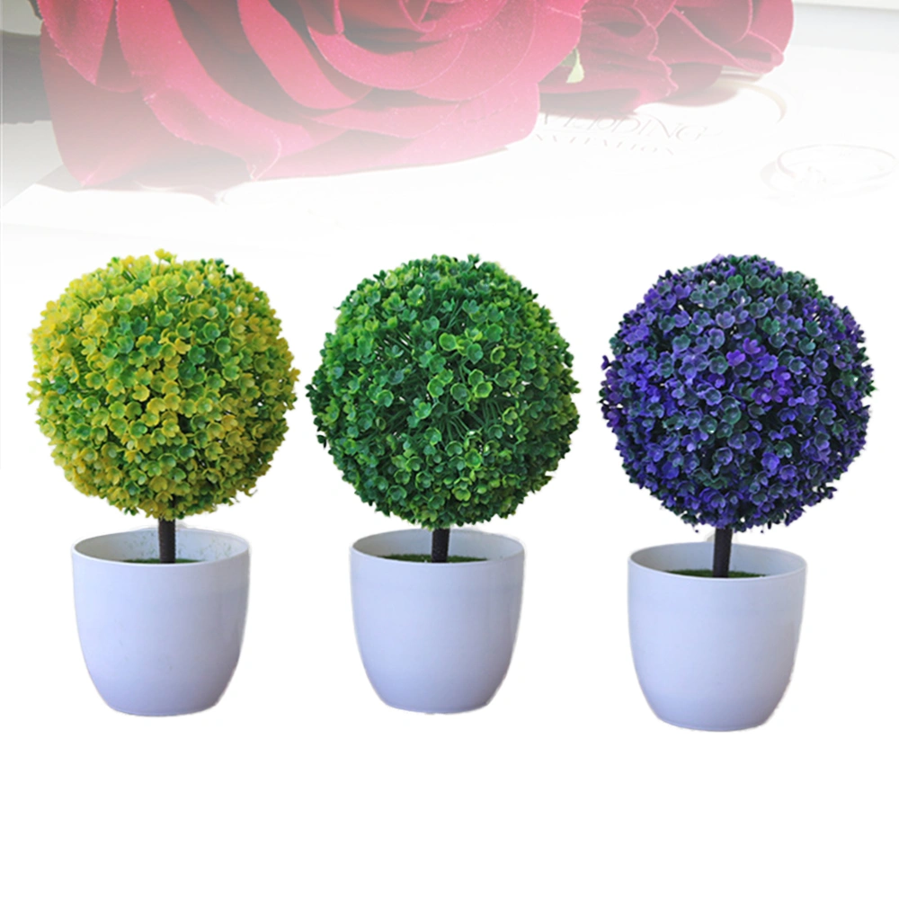 3 Pcs Snowball Shape Bonsai Simulated Plant Ornament Fake Plant Landscape Decors Ornaments for Home Office Balcony Supplies (Green, Yellow, Purple)