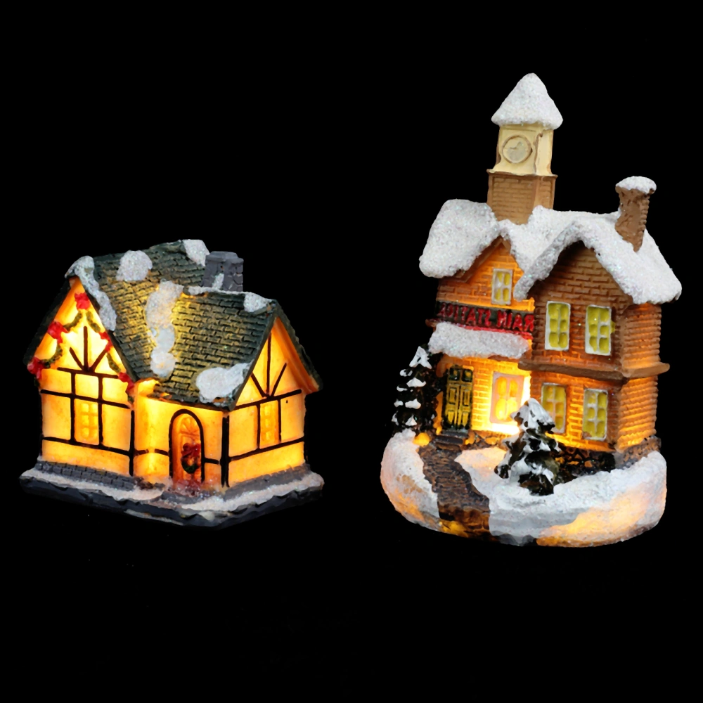 2Pcs Christmas Resin House Craft Luminous Mini House Adornment for Home