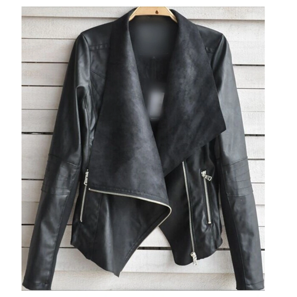 Women PU Leather Jackets Irregular Bomber Coat Zipper Punk Short Outerwear - Size 4XL(Black)