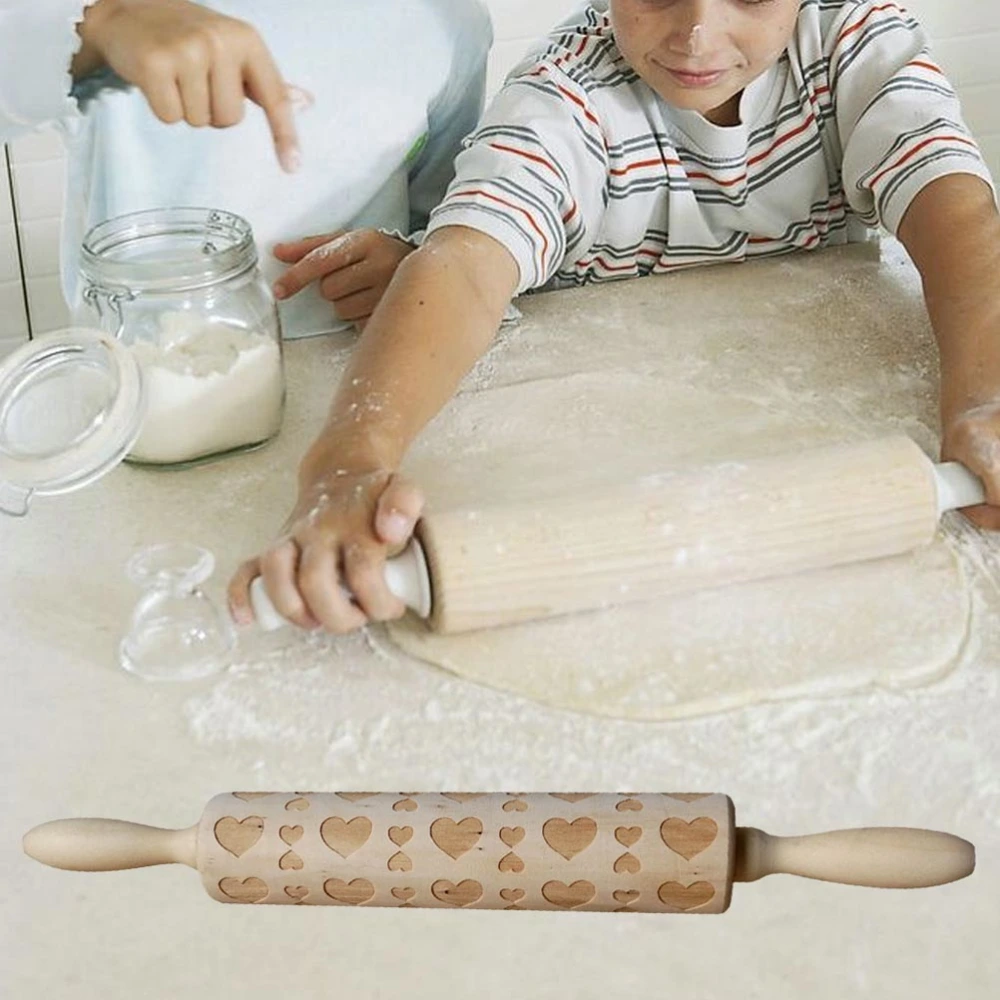 Wooden Rolling Pin Beautiful Printing Rolling Pin for Home Store Baking (Love Pattern)