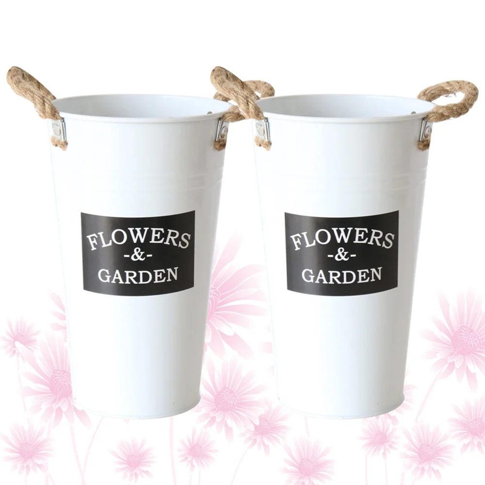 2 Pcs Simulation Disposable Cup Mini Bucket Hemp Rope Tote Handle Tin Flower Vase Arty Flower Container Desktop Flowerpot Home Adornment (White Black)