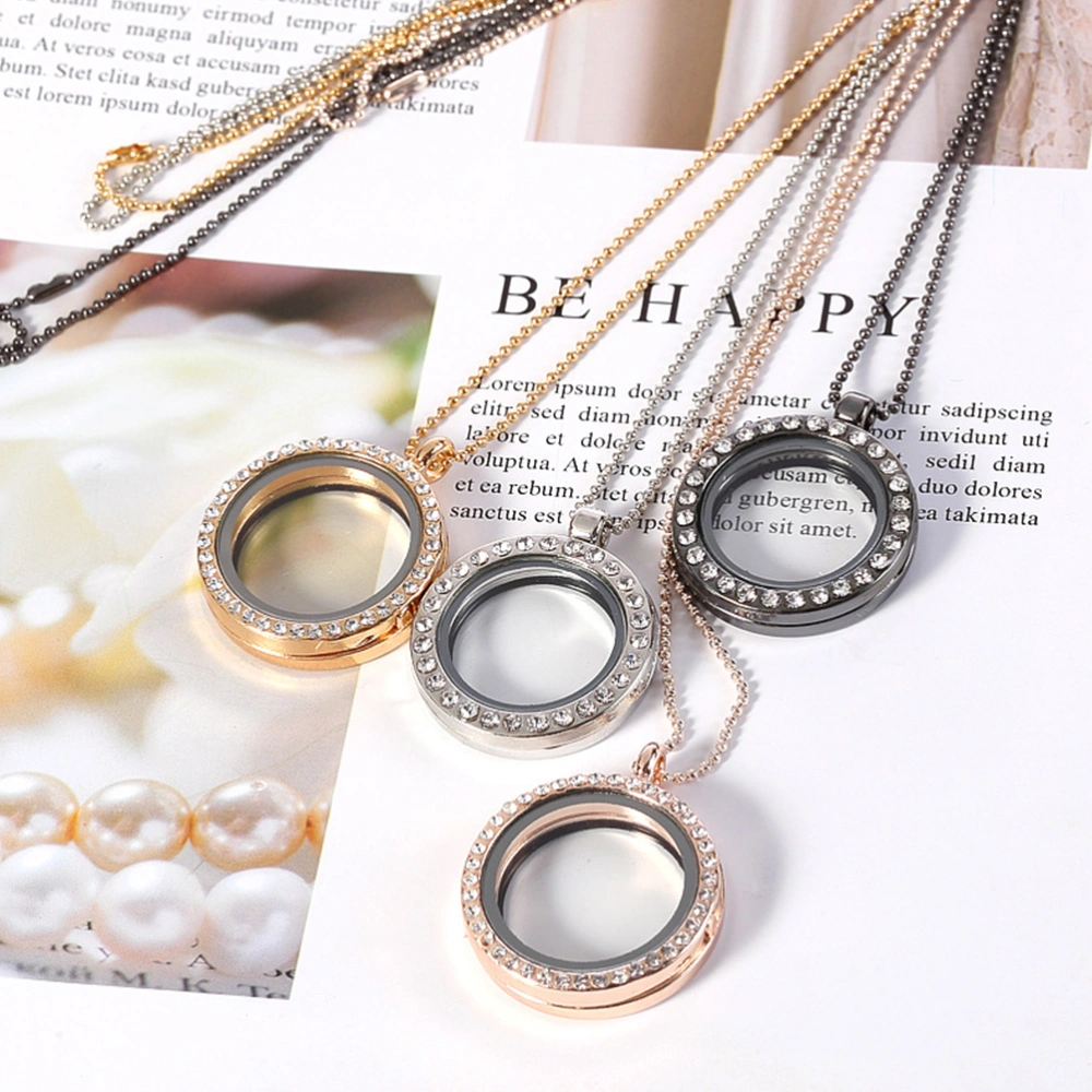 4pcs Photo Frame Necklace Round Alloy Rinestone Inlaid Pendant Picture Frame Photo Holder (Mixed Pattern)