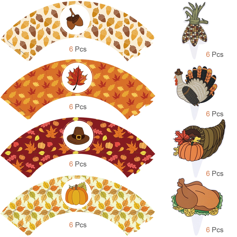 Tinksky 48PCS Thanksgiving Cupcake Toppers and Wrappers Cupcake Cake Decorating Picks