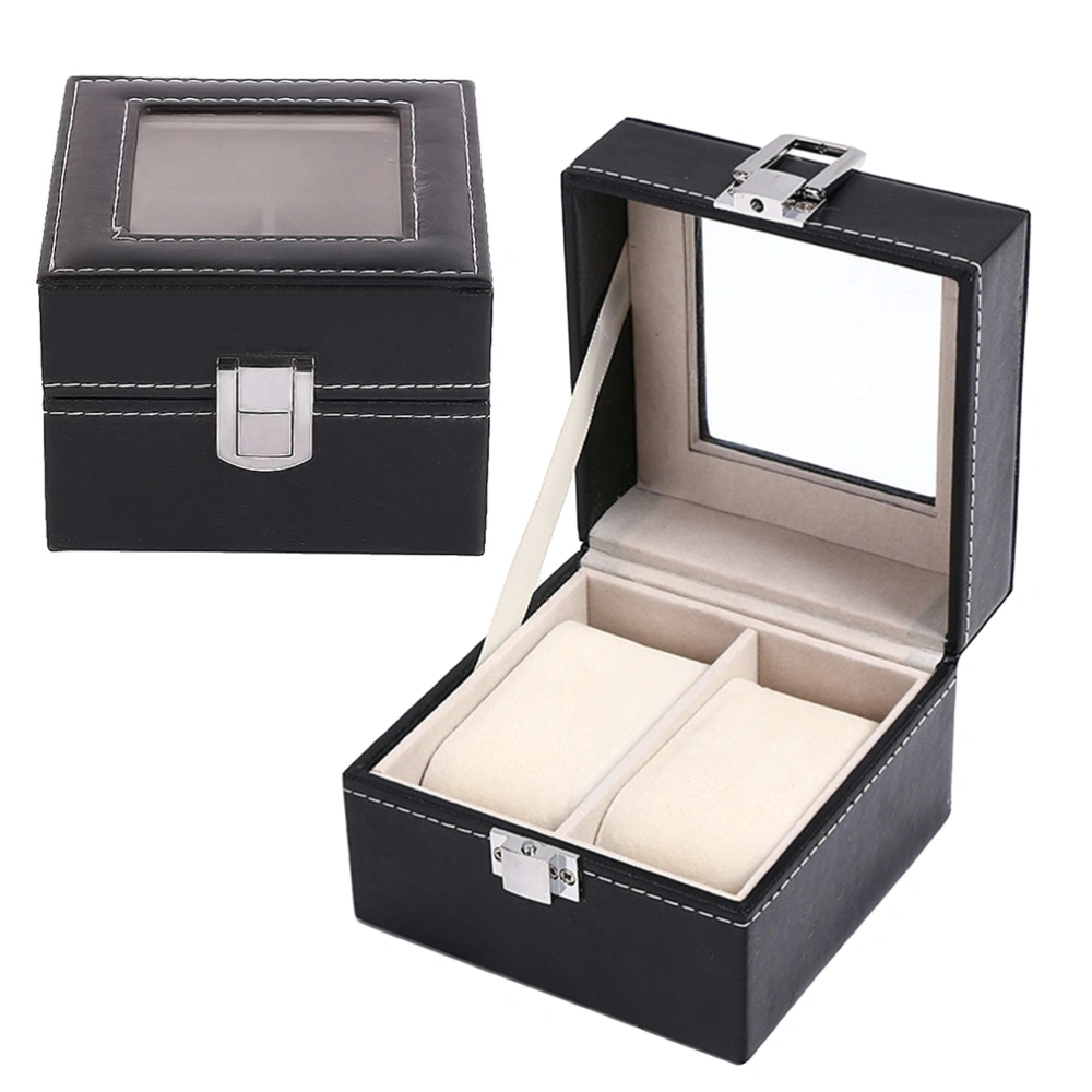 2Grids High-End Watch Box PU Leather Storage Wrist Watch Case Exquisite Jewelry Display Organizer Simple Classic and Space-Saving Box (Black)