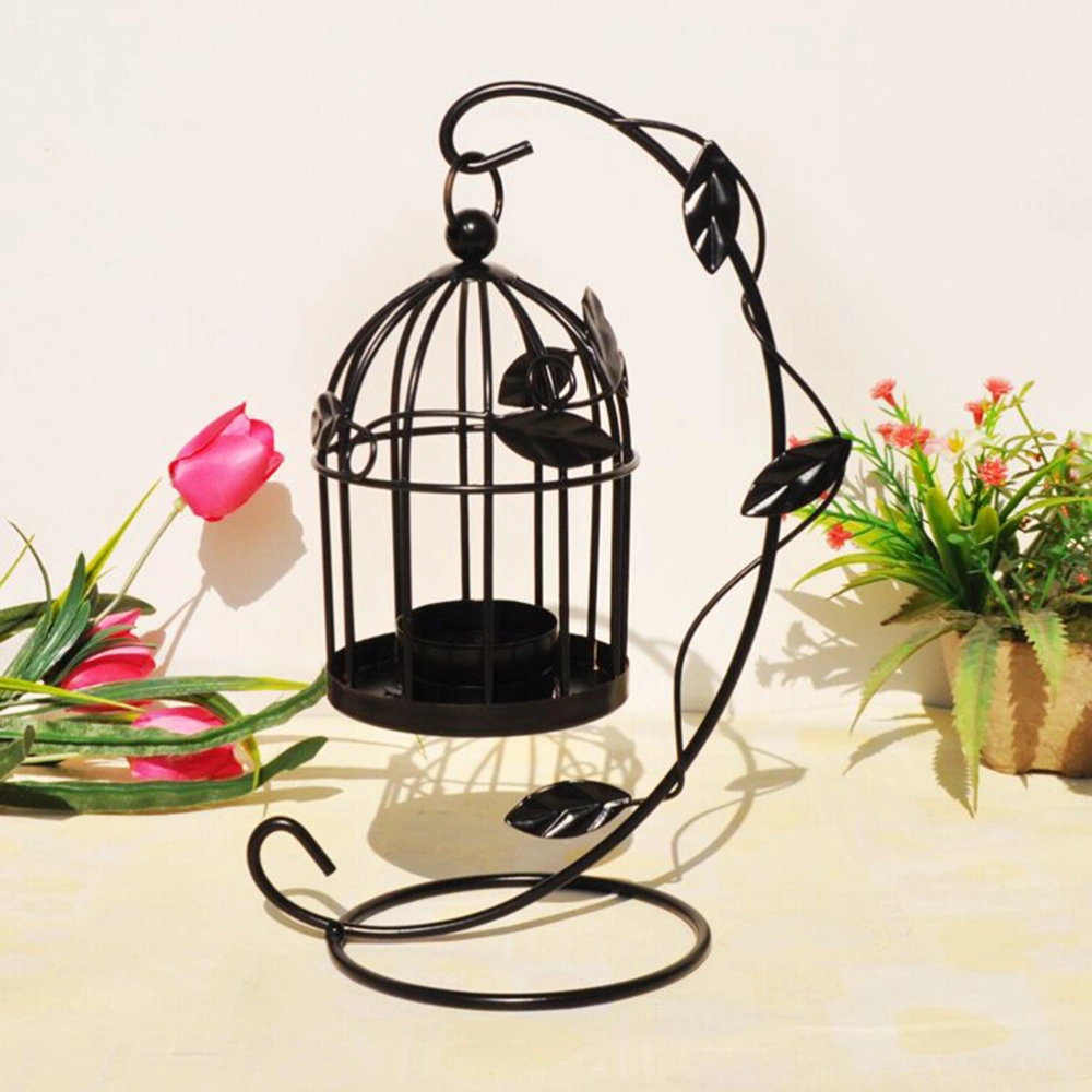 1pc Creative Leaf Bird Cage Candle Holder Home Retro Wrought Iron Candle Holder Decoration (Black)