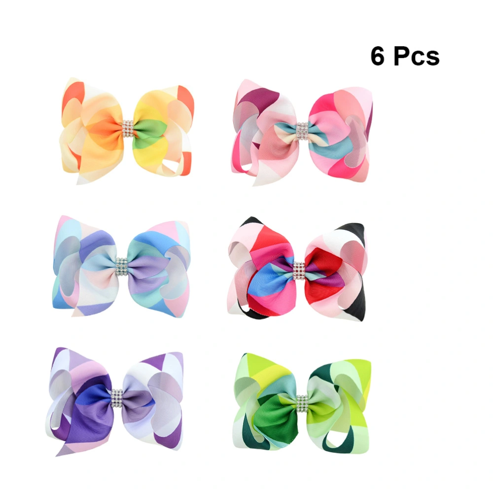 6pcs 5.5-Inch Rainbow Bowknot Hairpins Crystal Ribbed Band Gradient Color Rhinestone Hair Clips for Children Kids (1+2+3+4+5+6)