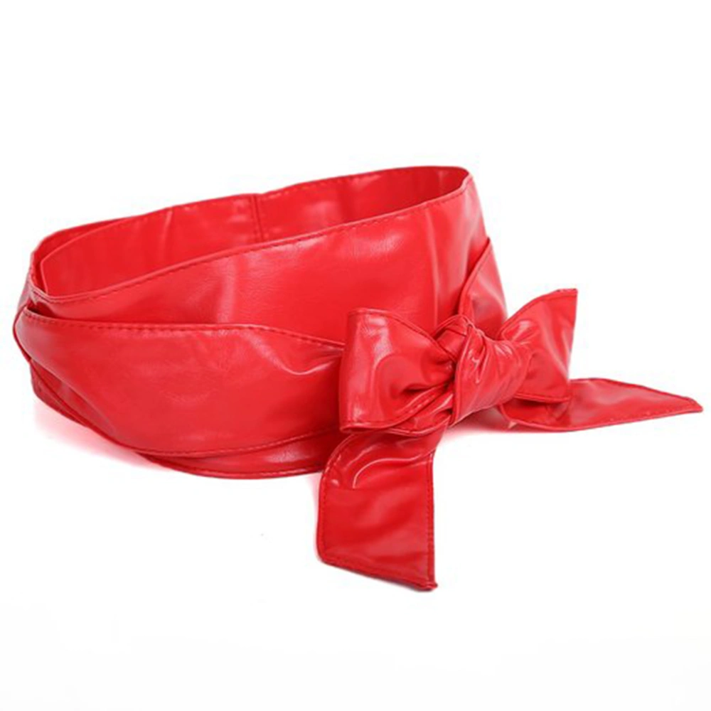 Women's Long PU Self Tie Bowknot Band Sash Wide Belt Waistband (Red)