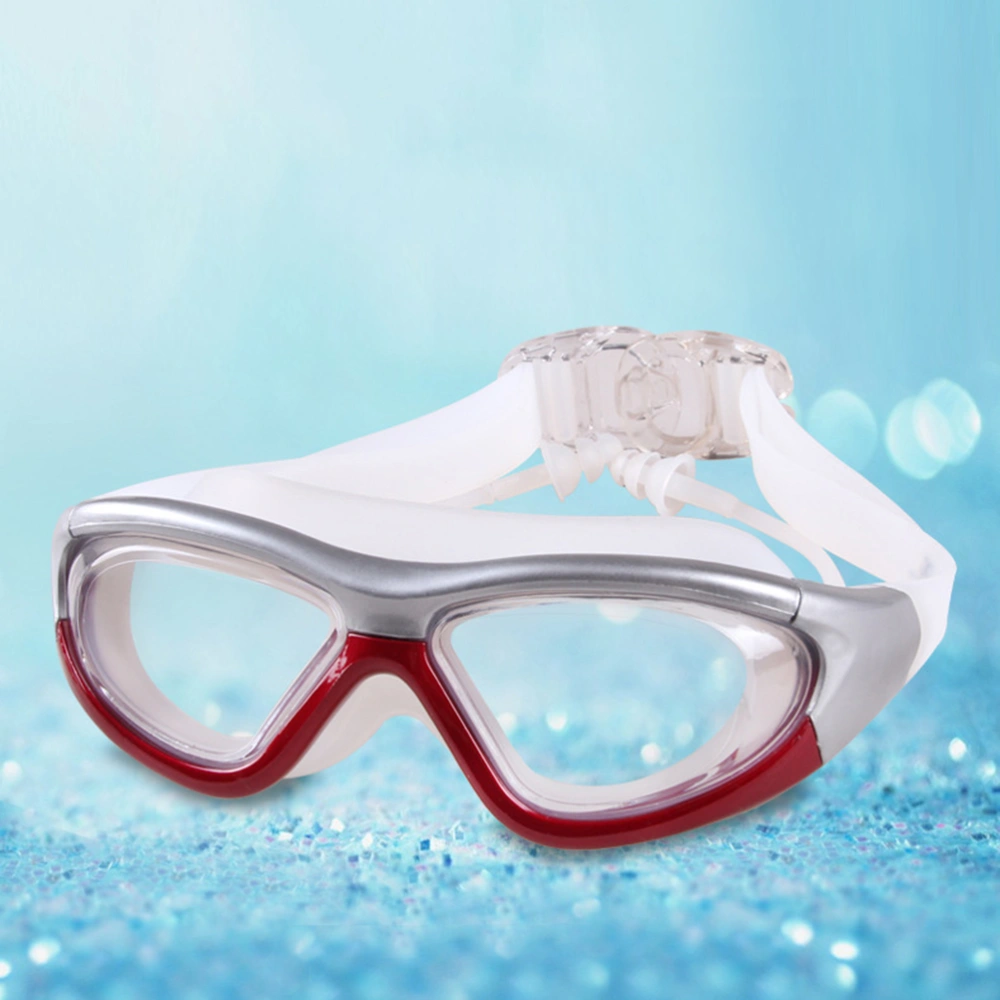 One-Piece Swimming Goggles with Earplug Anti Fog and Anti Leak Spectacles Swimming Equipment for Adult (Red and Silver)