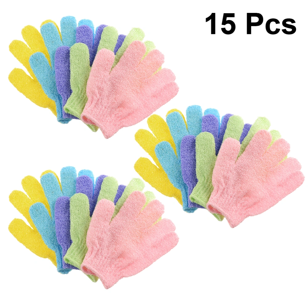 15pcs Simple Bath Gloves Five Fingers Shower Towels Body Exfoliator Back Massage Gloves for Home (Random Color)