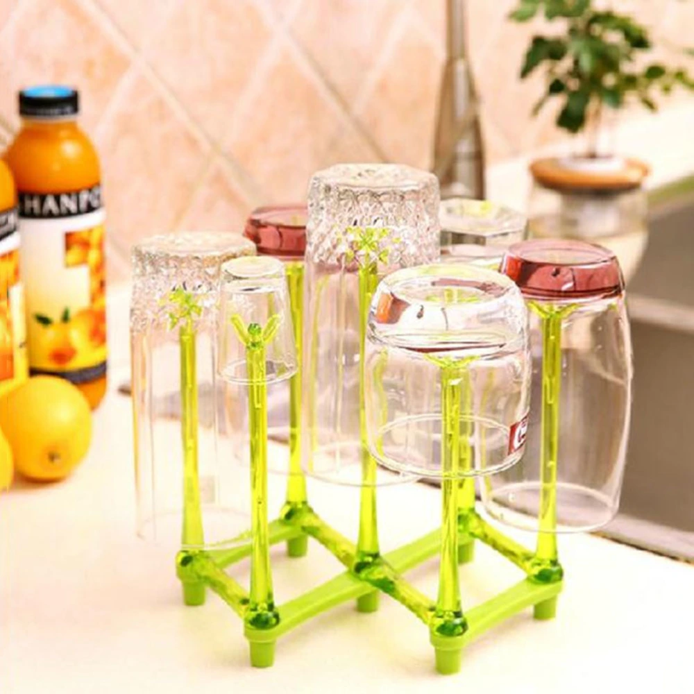 Plastic Cup Holder Folding Pull-out Drain Glass Bottle Cup Holders Cup Storage Rack for 7 Cups (Green)