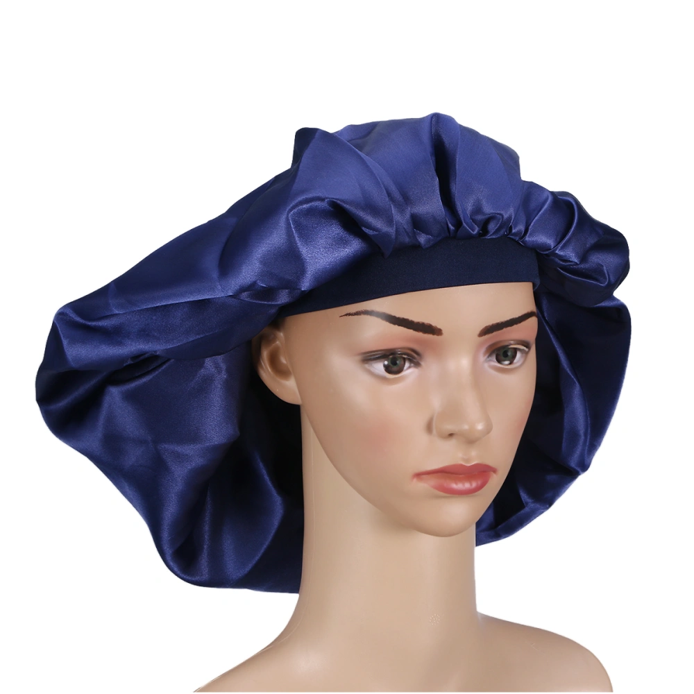 Extra Large Nightcap Imitation Silk Hair Round Elastic Hat Bathing Hat Deep Blue