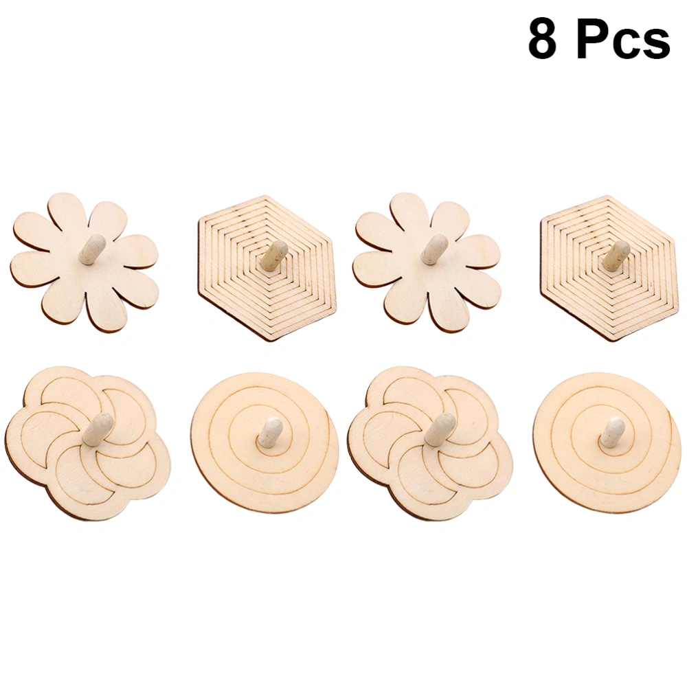 8pcs Unfinished Wooden Tops Toy Diy Painting Gyroscope Plaything Hand Peg-top Gifts Props For Kids Children (Flower, Hexagonal, Tops, Round Shape, 2pcs for Each Shape)